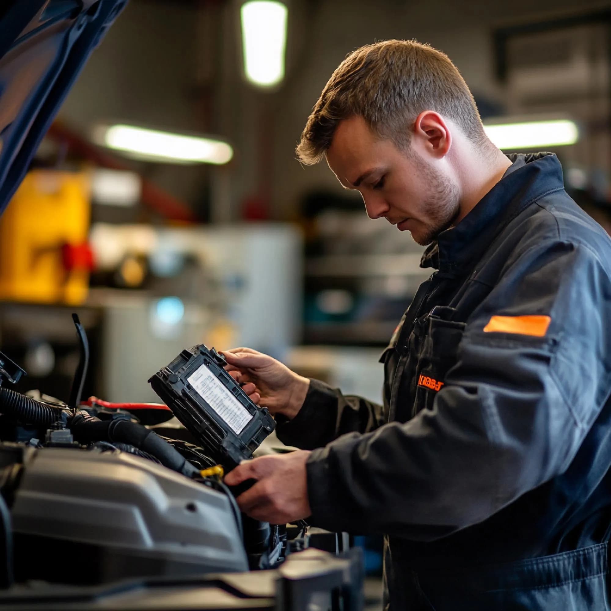 Technician using computer diagnostic scanner